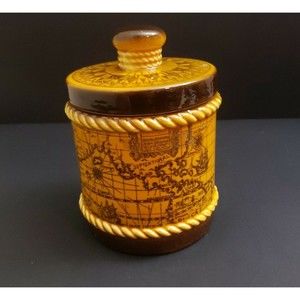 Vintage Map Cookie Jar Brown Tan 5" Glazed Stoneware Storage / Money Saving Jar